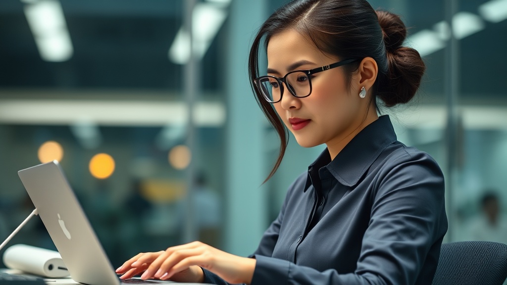 A woman wearing glasses and a dark blouse works on a laptop at a desk in a modern office setting, with blurred lights in the background.