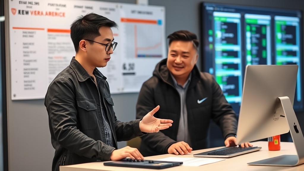 Two men stand at a desk with a computer monitor, discussing data. Charts and graphs are displayed on wall screens and printed boards in the background.