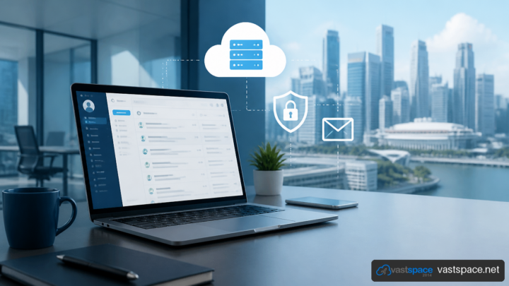 Laptop on a desk showing an email interface, with digital icons for cloud storage, security, and messaging superimposed over a city skyline.