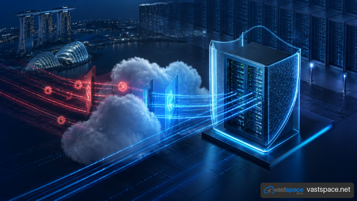 A server rack protected by a glowing blue digital shield, filtering data streams against red threats, set against a city skyline.