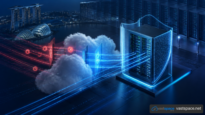 A server rack protected by a glowing blue digital shield, filtering data streams against red threats, set against a city skyline.